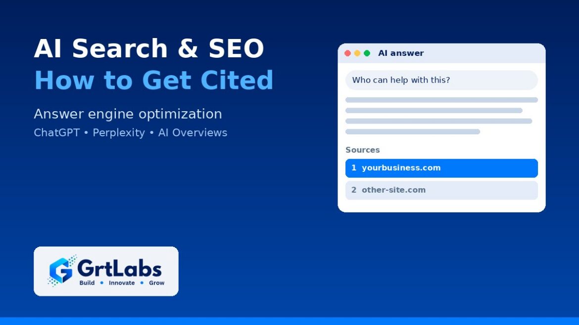 Navy GrtLabs graphic of an AI search answer citing a business website as its first source, illustrating answer engine optimization.