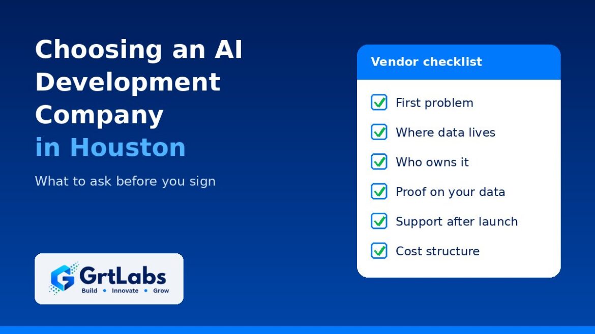 Navy GrtLabs graphic with a vendor checklist for choosing an AI development company in Houston