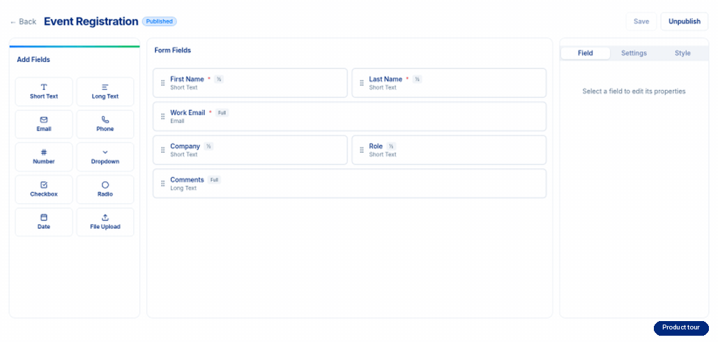 Product tour: a cursor drags a Phone field from the field list into a form in the GRTforms builder