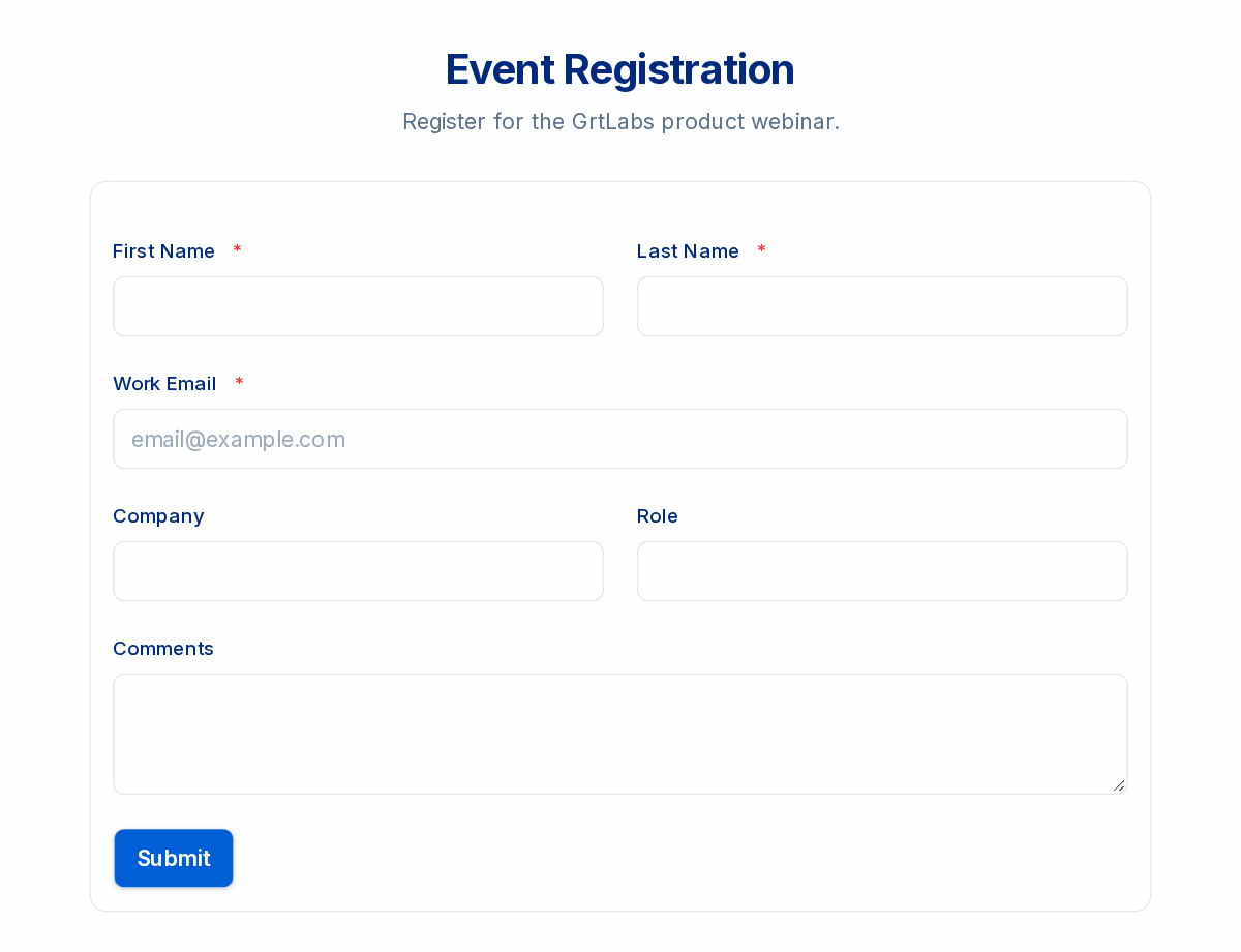A cursor fills in a GRTforms event registration form: name, work email, company, role and comments