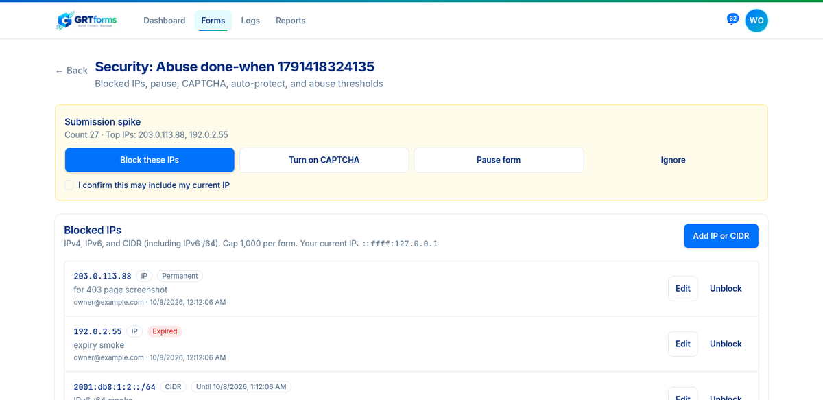 GRTforms abuse alert with Block these IPs, Turn on CAPTCHA, Pause form and Ignore buttons