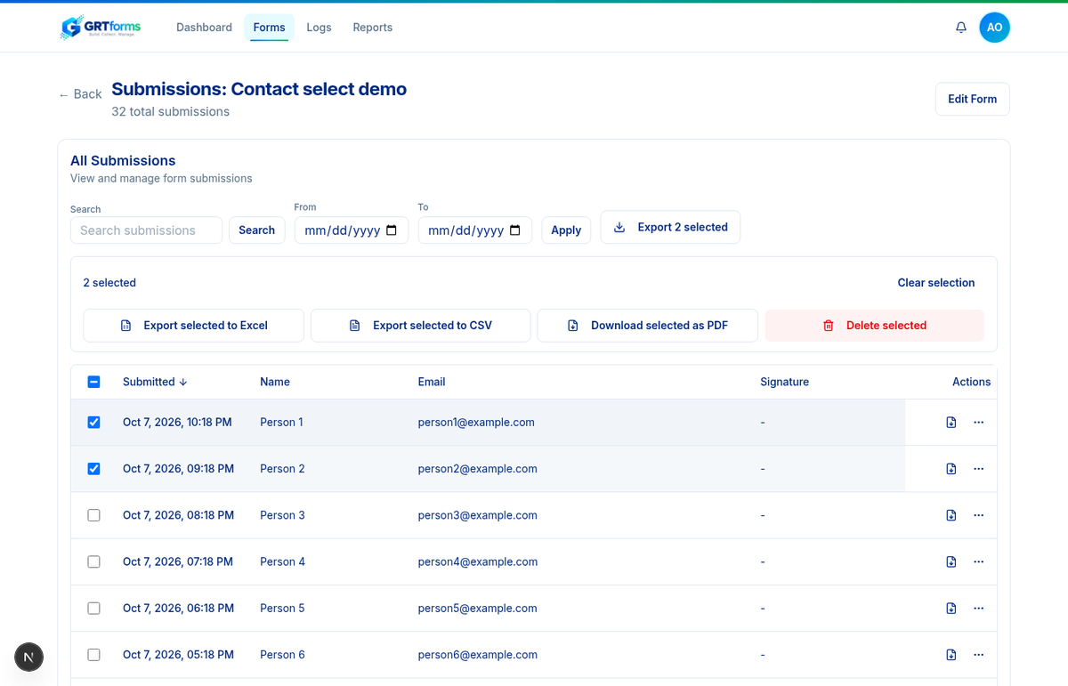 GRTforms submissions inbox with rows selected and Export to Excel, CSV and PDF buttons