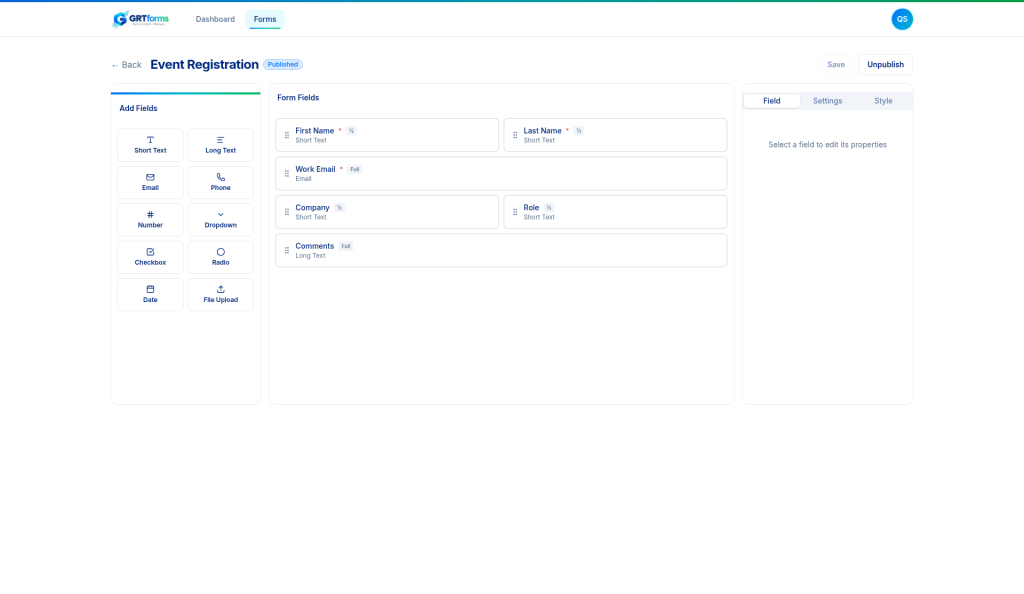 GRTforms builder with half-width fields side by side