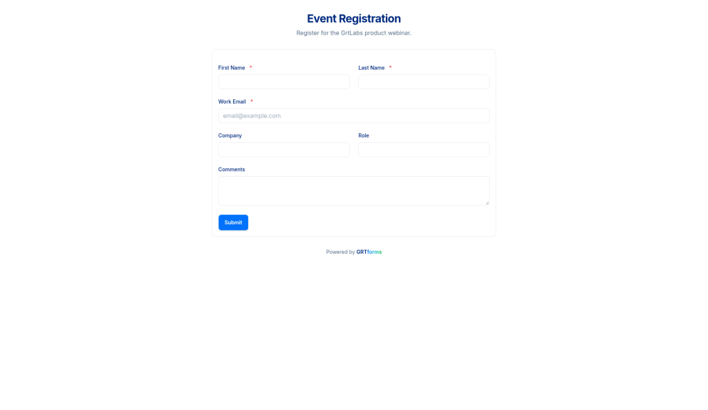 GRTforms public Event Registration form