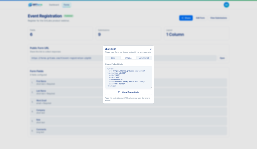 GRTforms share panel showing iframe embed code