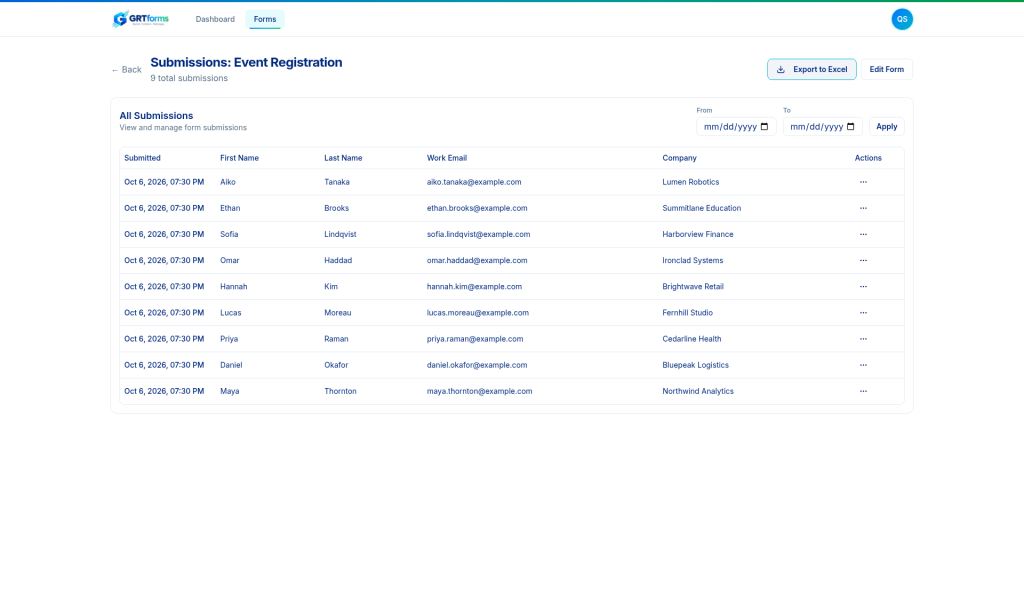 GRTforms submissions list with date filter and Excel export