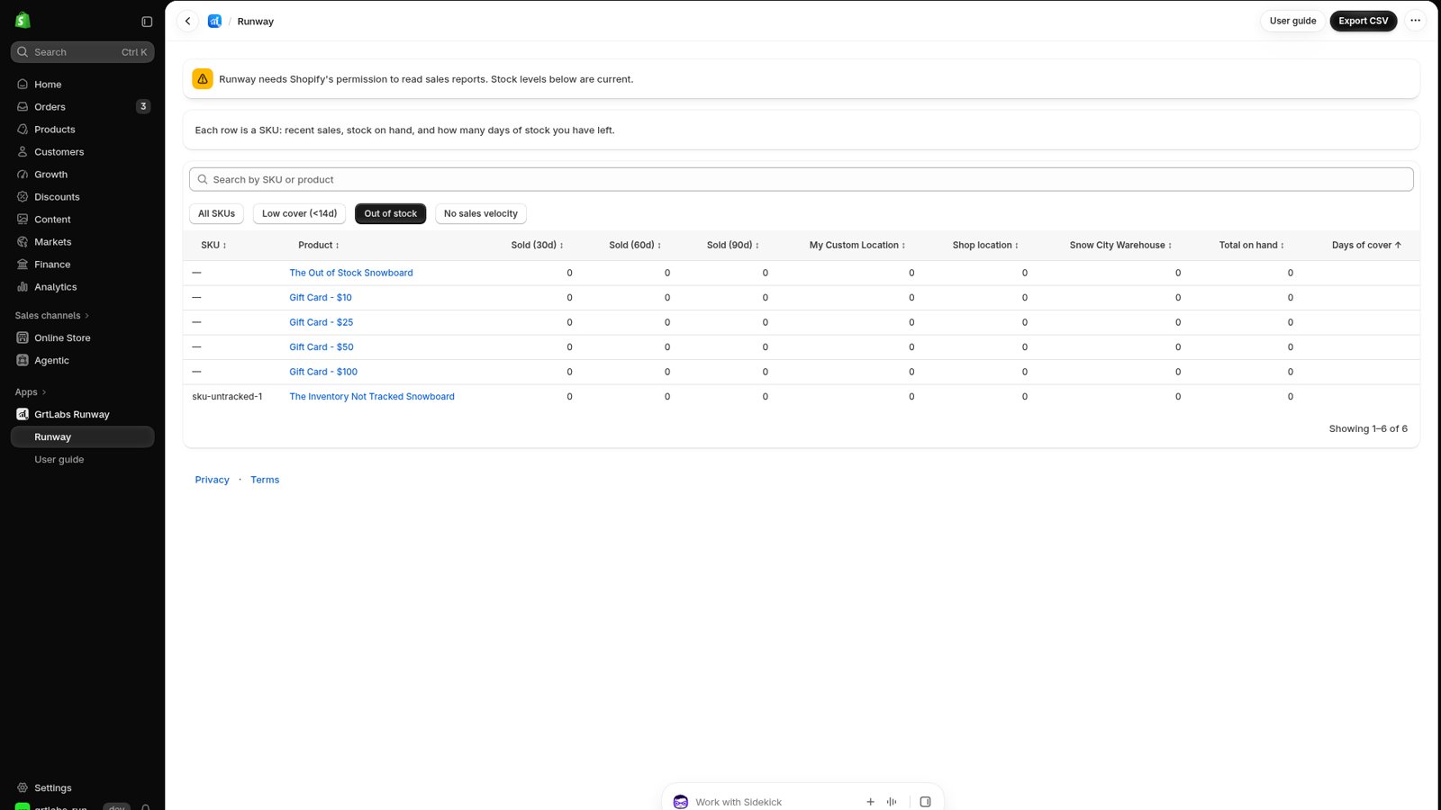 Preview of the Runway reorder report in the upcoming Shopify version, with search, stock filters, location columns and Export CSV